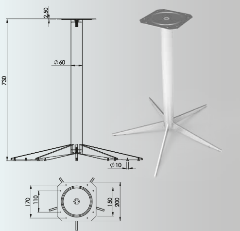 730x60mm Beş Ayaklı Masa Ayağı 2'li Takım