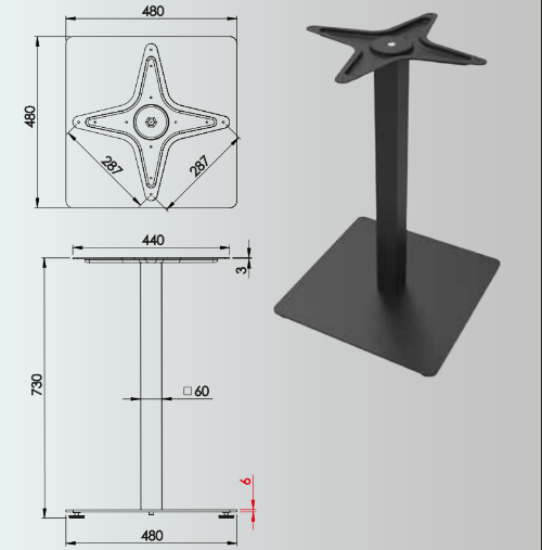 730x60mm Kare 48mm Taban Masa Ayağı - Furnicept