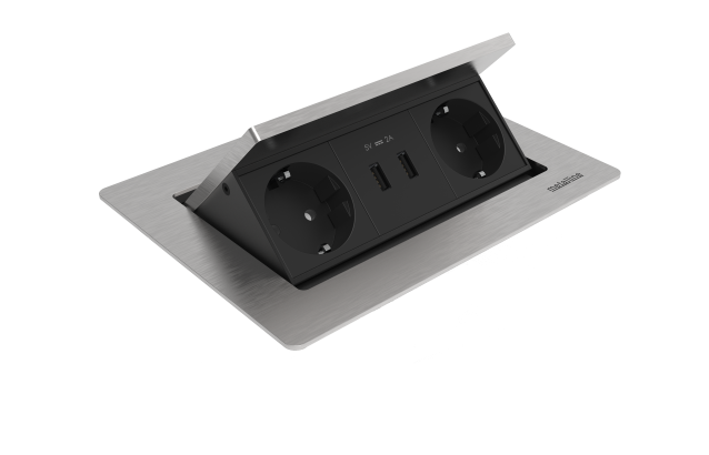 Pop-Up Bas-Aç Priz Sistemi 2x Priz, 1x Çiftli USB Siyah - Furnicept