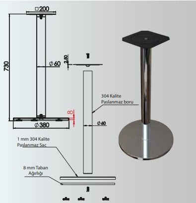 730x60mm Paslanmaz Yuvarlak Taban Masa Ayağı - Furnicept