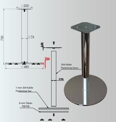 730x76mm Paslanmaz Yuvarlak Taban Masa Ayağı - Furnicept