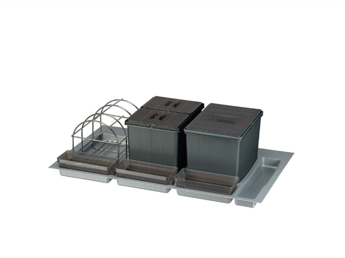 BigDrawer Çekmece İçi 1x Büyük ve 2x Küçük Çöp Kovası, 1x Taşıyıcı Tel, 3x Küçük Kap, 1x Çok Amaçlı Taşıyıcılı