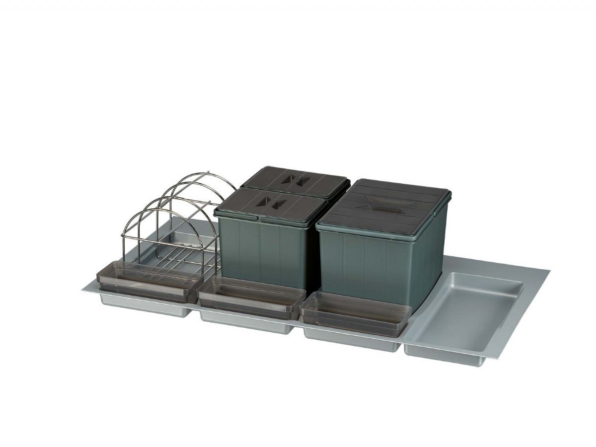 BigDrawer Çekmece İçi 1x Büyük ve 2x Küçük Çöp Kovası, 3x Küçük Kap, 1x Taşıyıcı Tel, 1x Çok Amaçlı Taşıyıcı ve Taşıyıcı Ünitesi
