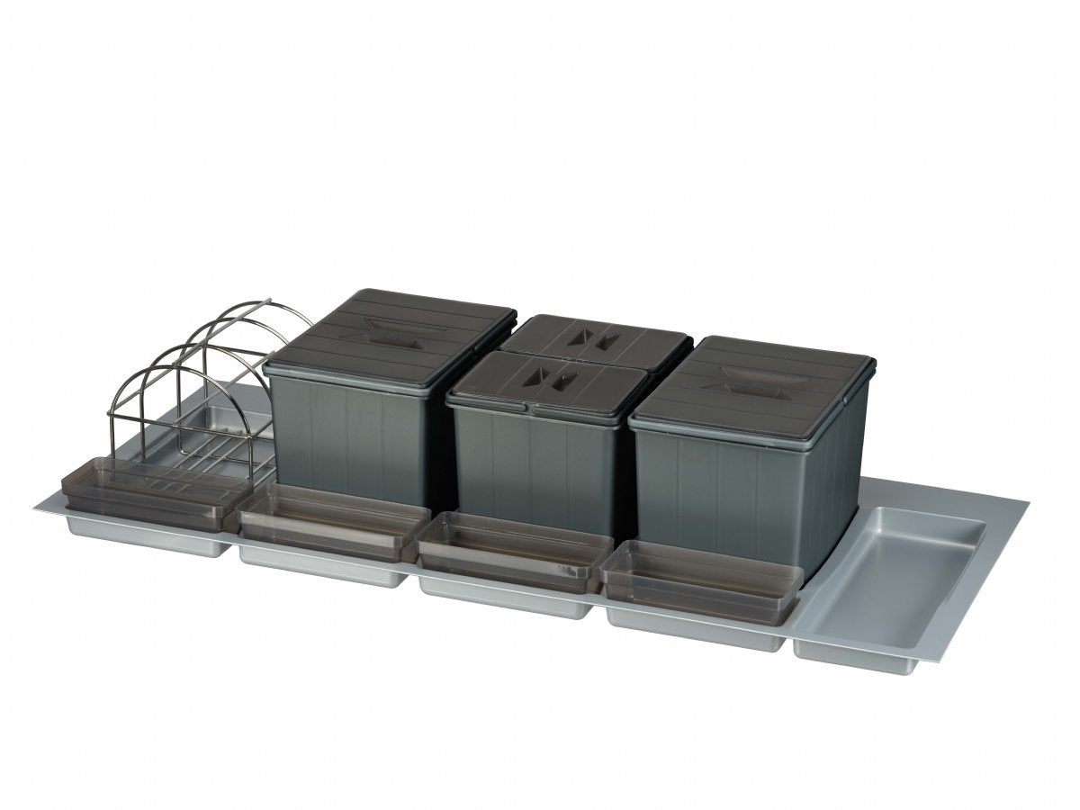 BigDrawer Çekmece İçi 2x Büyük ve 2x Küçük Çöp Kovası, 4x Küçük Kap, 1x Taşıyıcı Tel, 1x Çok Amaçlı Taşıyıcı ve Taşıyıcı Ünitesi