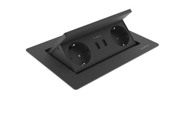 Pop-Up Bas-Aç Priz Sistemi 2x Priz, 1x Çiftli USB Siyah
